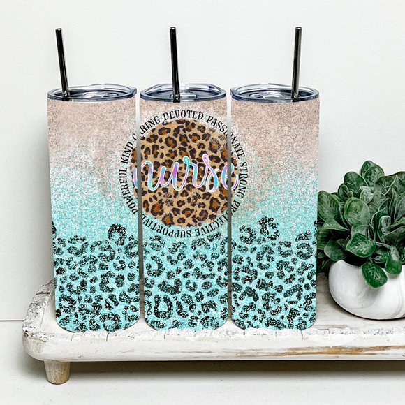 Nurse Leopard Faux Glitter 20oz Tumbler With Metal Straw - Picture 2 of 2